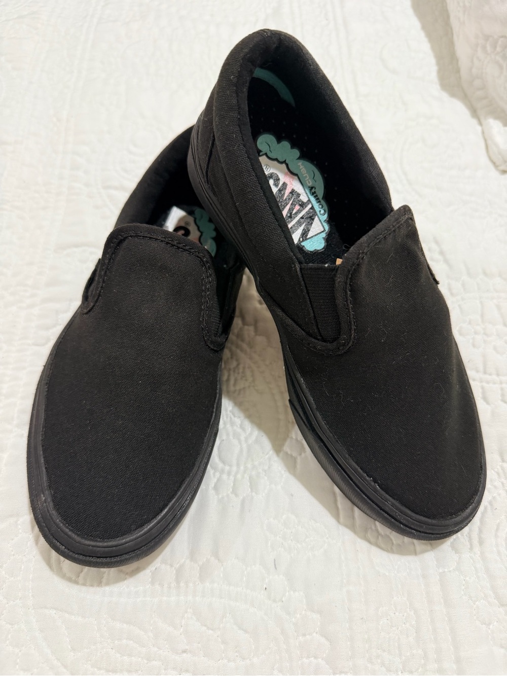Van’s Comfy Cush All Black Slip-On Sneakers-NWOT Youth Sz 4, women’s size 5.5